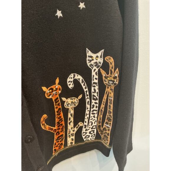 Vintage Terazzo Women Embroidered Sweater Cardigan Halloween Cat Lady Moon Witch - Picture 2 of 10